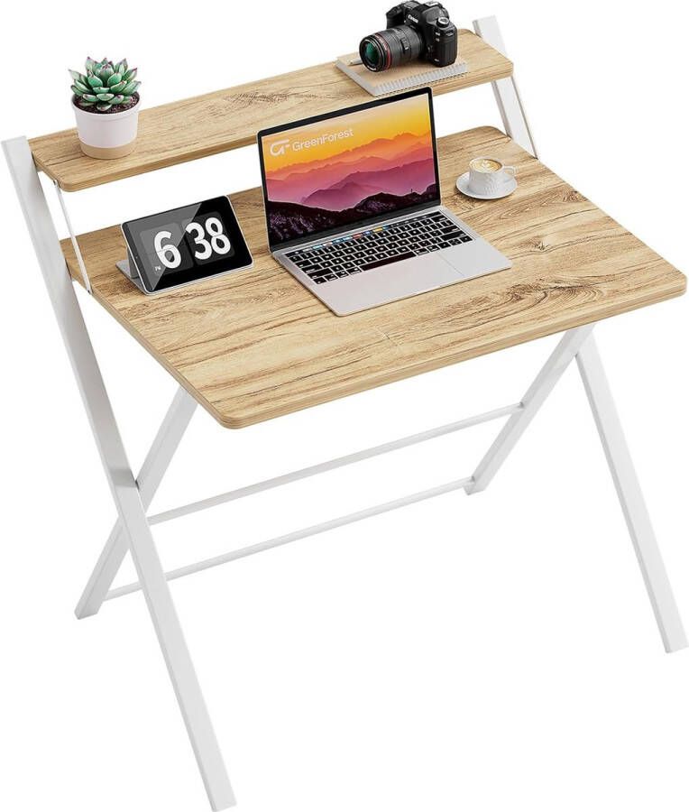 GreenForest Folding Desk 63 x 45 cm 2-Tier Computer Desk with Space Saving Laptop Study Desk without Shelf No Assembly Required Beige