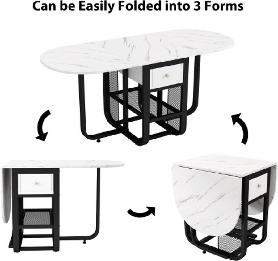 Steven klappbare eettafel uitbreidbare eettafel multifunctionele uitrekbaar eettafel met opbergruimte koffie-tafel eettafel met laden eettafel in 3 vormen (wit+zwart)