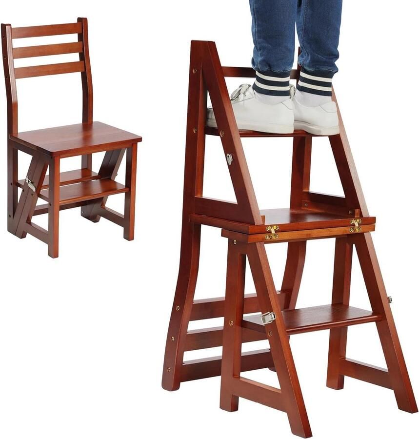 Klapstoel omklapbaar tot keukentrapje 3-traps ladder en bloemenladder Milieuvriendelijk bamboe Donker bruin Houten meubel in Stoel voor in keuken