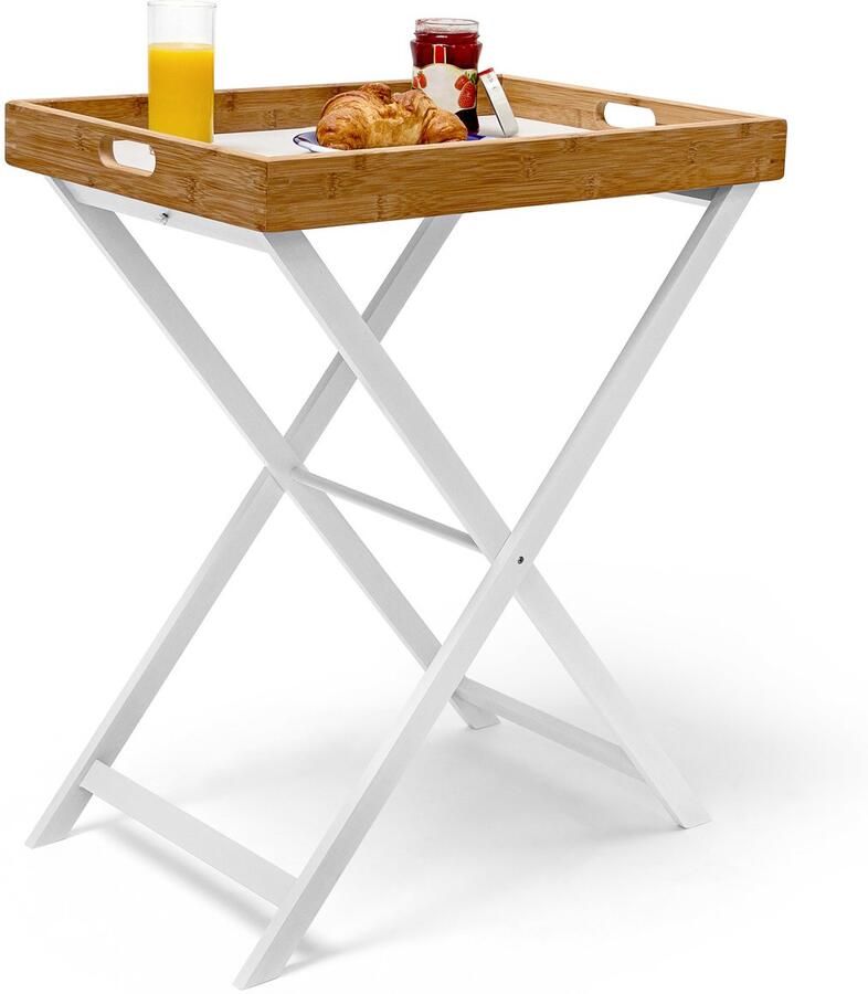 Relaxdays klaptafel met dienblad 72 x 60 x 40 cm bamboe en hout om te serveren wit