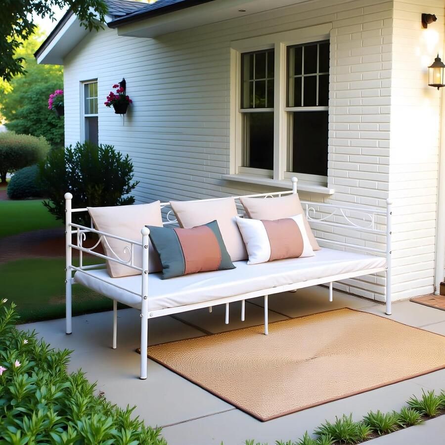 Klassiek Dagbed en Logeerbed Metalen Bedbank voor Slaapkamer en Woonkamer Geschikt voor Matras 90 x 190 cm Wit