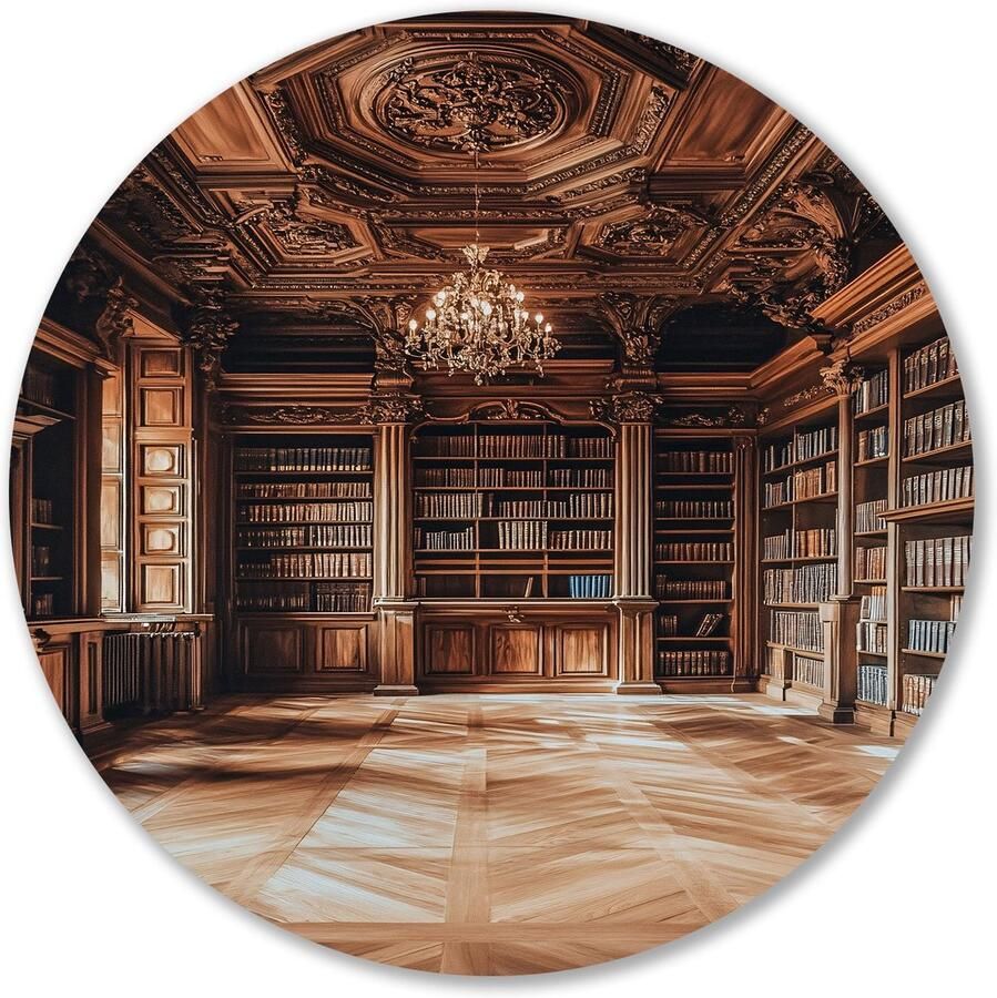Klassieke bibliotheek met boekenplanken Bibliotheek muurcirkel Wandobject rond boeken Klassiek Forex kunstwerk cirkel Kunstwerken met modern design muurcirkel forex 100x100 cm