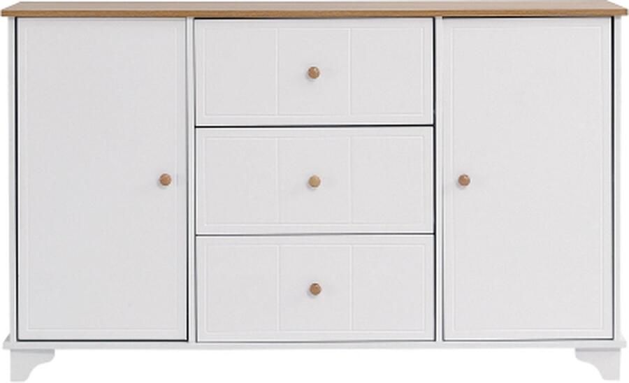 Zonder merk Gotagee Klassieke dressoir kast met 3 laden en 2 deuren met natuurlijke handgrepen Opbergruimte Woonkamerkast Slaapkamerkast Wit+Natuur