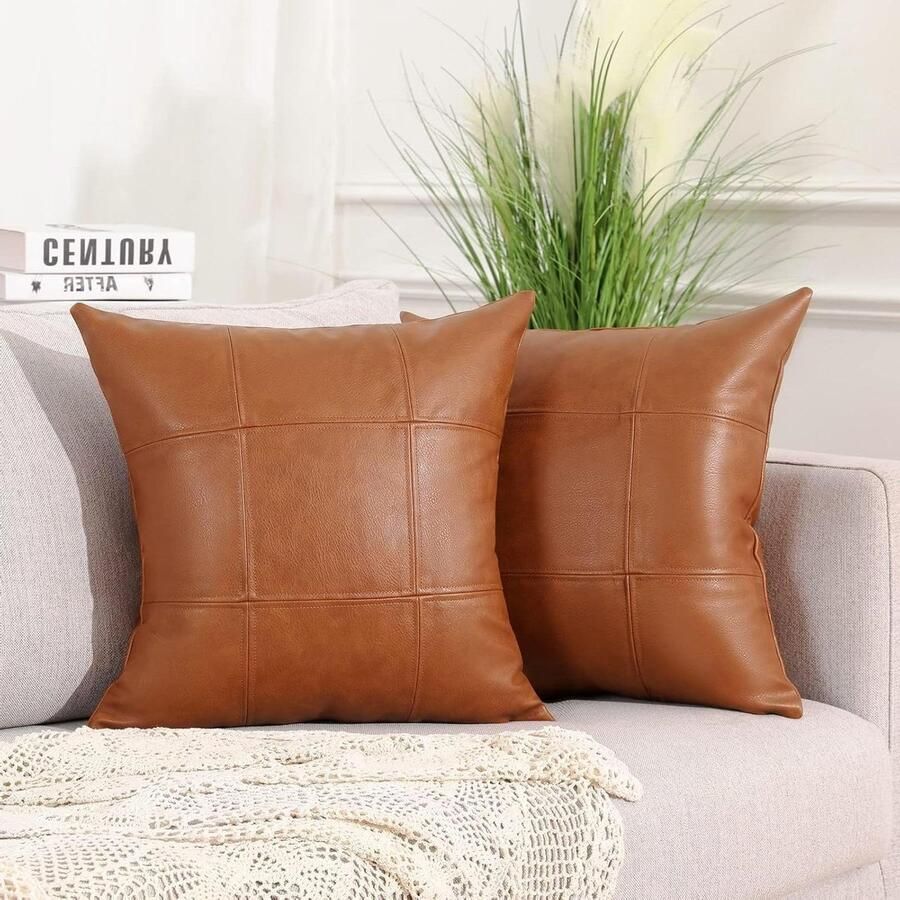 Klassieke geruite faux lederen decoratieve kussenslopen Set van 2 45x45 cm Moderne luxueuze veganistische buitenkussenslopen Bank slaapbank boerderij Bruin