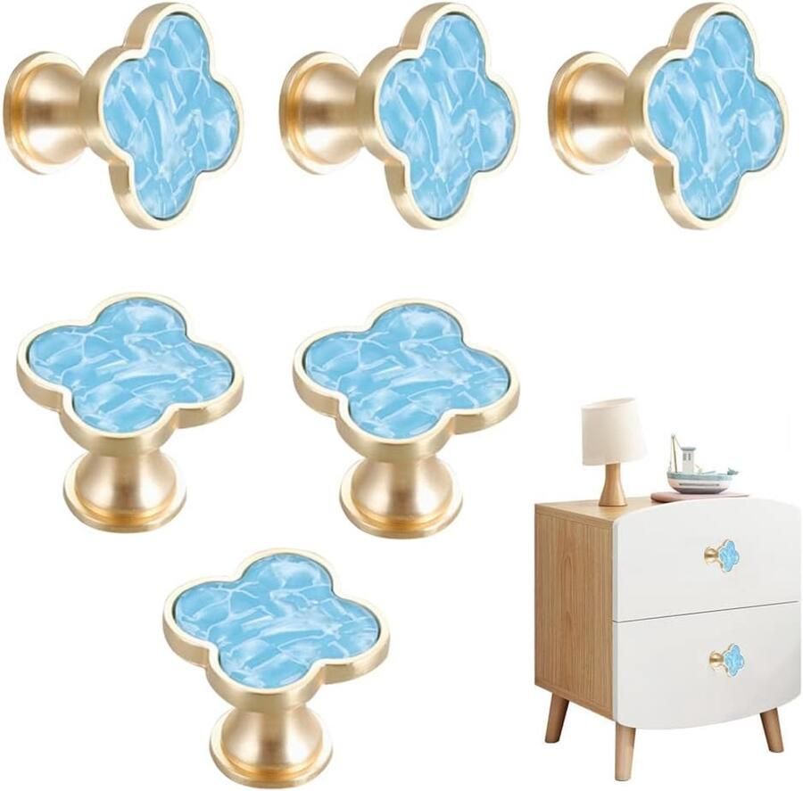 Klaverknoppen van messing Creatieve ladegrepen Meubelgrepen Keukengrepen Grepen met één gat Ladekastgrepen Zinklegering Blauw 6-pack Multifunctionele grepen Geschikt voor badkamerkastgrepen thuis
