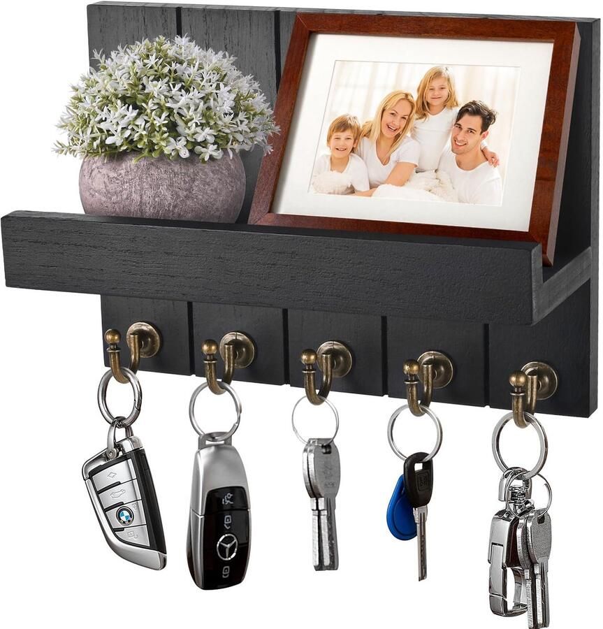 Kldgris Sleutelrek met Plank Decoratieve Houten Wandplank met 5 Sleutelhaken voor Entree Gang Slaapkamer Woonkamer Zwart