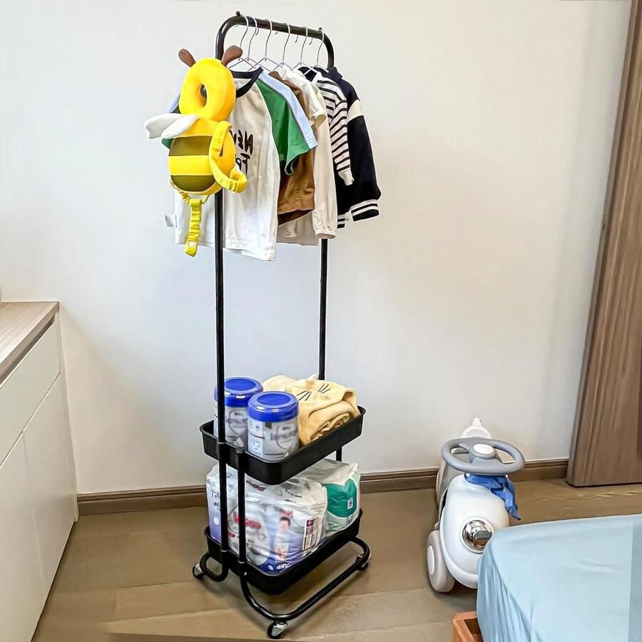 Kleding Rail Met Wielen en Opslag Mand Kleding Opslag Trolley voor Slaapkamer of Kantoor kledingrek