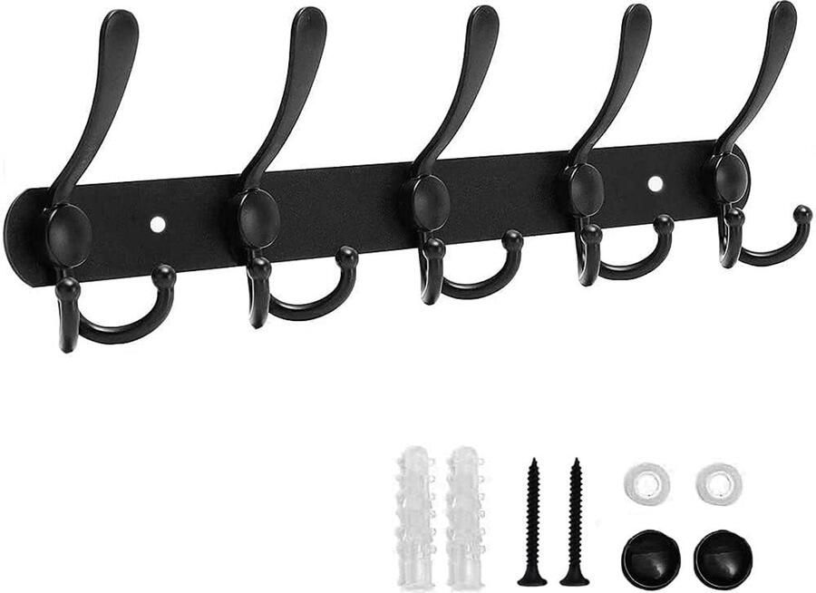 Zwarte Ophanghaakjesrek 5 Haken Kapstok Wandgemonteerd met Schroeven Sterke Kapstokhaakjes voor Jassen Handdoeken Badjassen Hoeden Kleding Kasten Wandkapstok