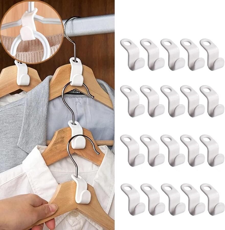 Kledinghaak Haken voor kledingkast 20 stuks Kledinghangerconnectorhaken Compatible with most hanger types Space-saving artifact-clothes hanger rack that can hang more clothes- wardrobe organizer（wit）