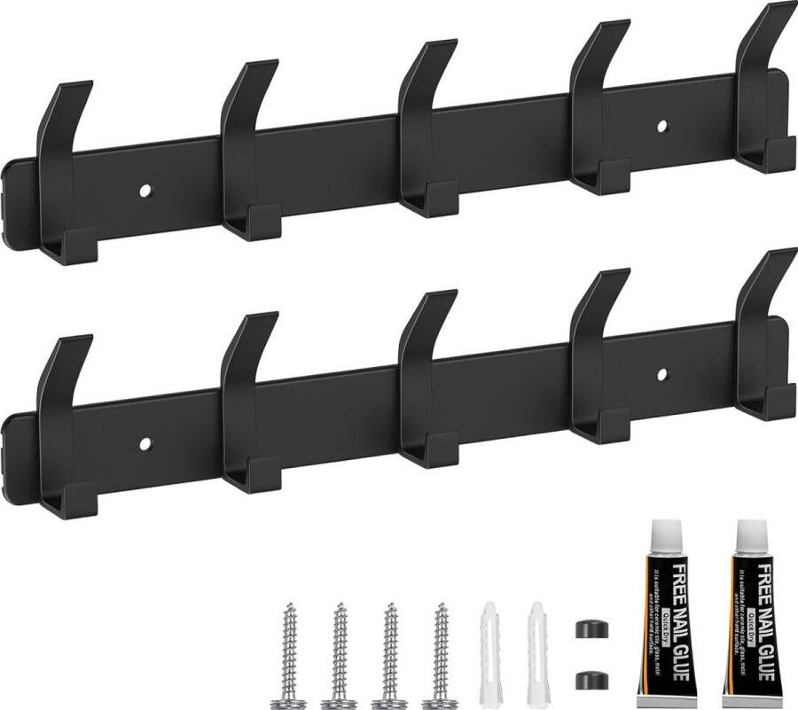 Kledinghaken 2 stuks kledinghaken wandkledinghaken voor wandmontage met 5 haken zelfklevende handdoekhaken garderobehaken voor woonkamer keuken badkamer enz. (zwart)
