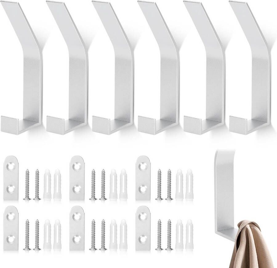 Kledinghaken 6 stuks grote dubbele haken en ruimtebesparende moderne eenvoudige garderobehaken om te boren haken voor jassen mantels sjaals handdoeken handtassen en meer (zilver)