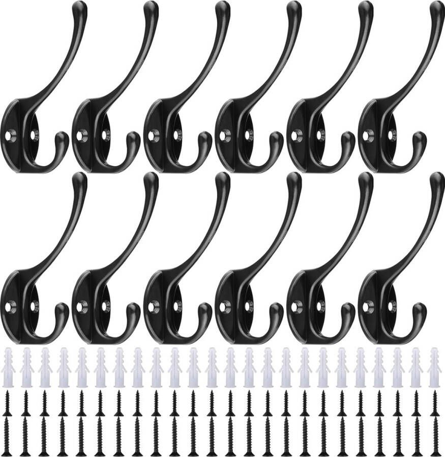 FOBOZONE Kledinghaken garderobehaken met schroeven en expansiebuis gemonteerd aan muur houten deur kledingkast badkamer vintage metalen garderobehaken (12 zwart)