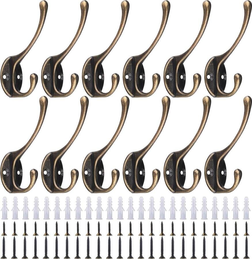 Kledinghaken garderobehaken met schroeven en expansiebuis gemonteerd aan muur houten deur kledingkast badkamer vintage metalen garderobehaken (12 koper)