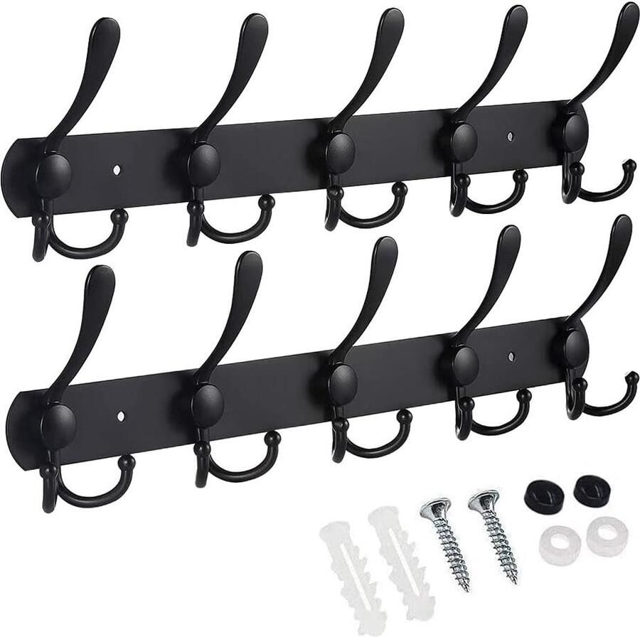 Kledinghaken garderobehaken roestvrij staal 15 haken haaklijst wandgarderobe max. 15 kg klassieke garderobelijst mat zwart met schroeven voor badkamer en woonkamer 2 stuks (41 x 13 cm)