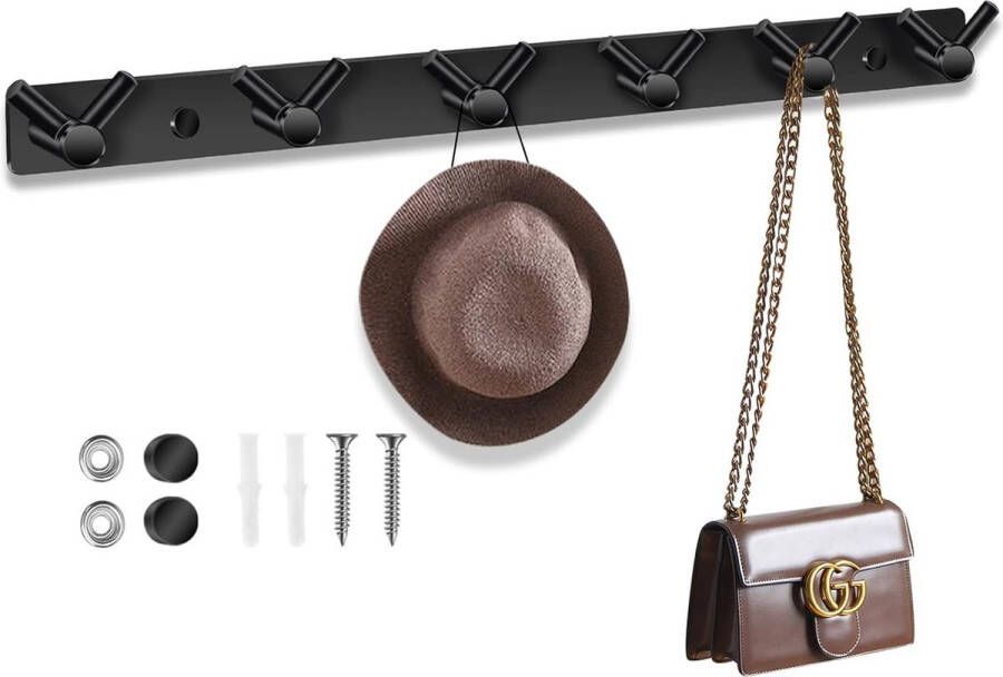 Kledinghaken garderobehaken roestvrij staal garderobe met 6 haken haaklijst jashouders wandhaken voor slaapkamer badkamer keuken (zwart)