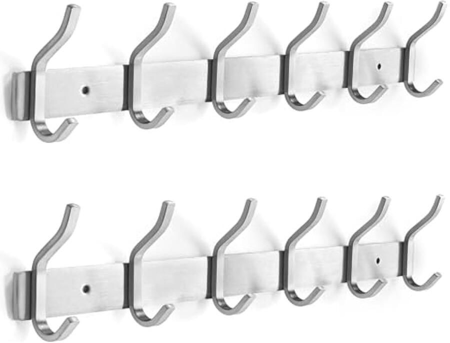 Kledinghaken haaklijst garderobehaken van roestvrij staal met 6 haken wandhaken kapstok voor slaapkamer badkamer (zilver 6 haken 2 stuks)