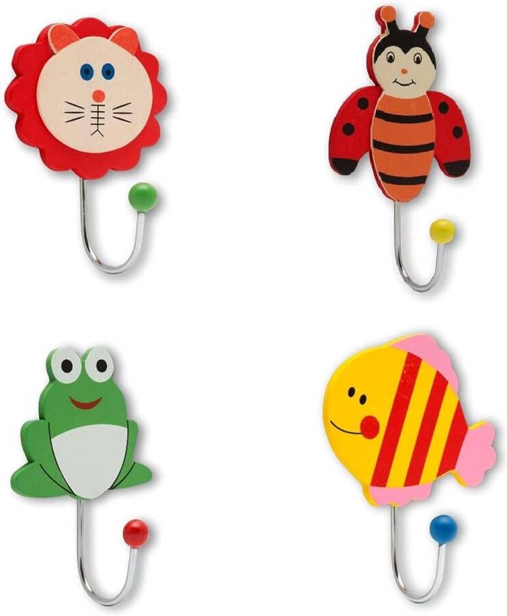 Kledinghaken kinderkamer kindergarderobe voor jongens en meisjes van hout (set van 4)