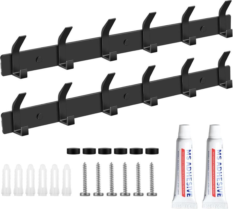 Kledinghaken Set van 2 Wandhaken Roestvrij Staal Zwart met 6 Haken Ideaal voor Slaapkamer Badkamer en Keuken