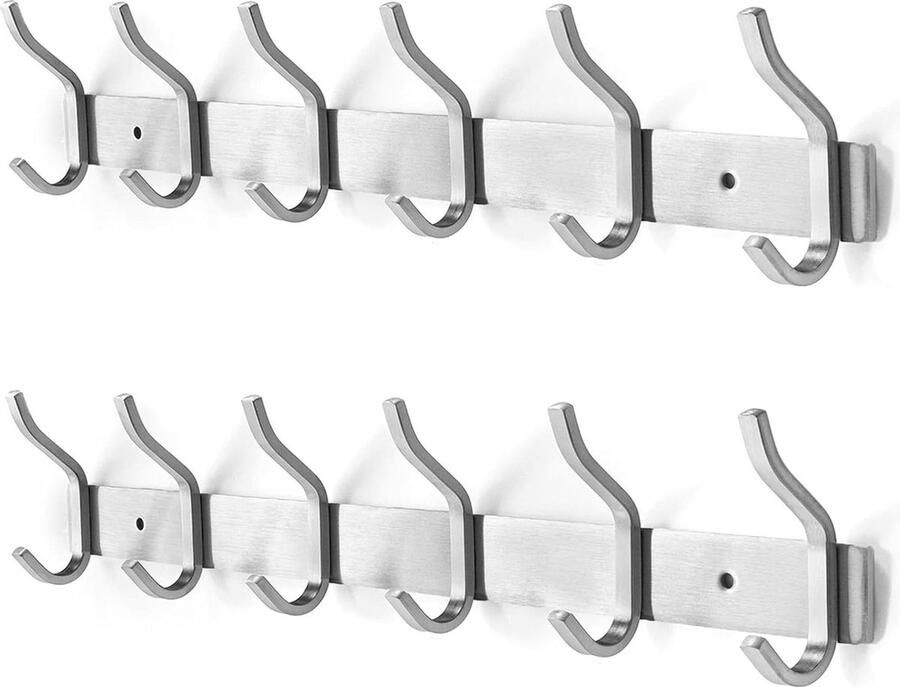 Roestvrij Stalen Kledinghaken Haaklijst Wandhaken Kapstok voor Slaapkamer en Badkamer Zilver Set van 2 6 Haken