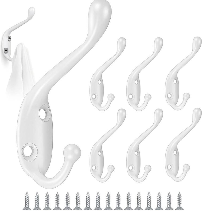 Kledinghaken Vintage Wit 8 Stuks Metaal Dubbele muurhaken Kledinghaken met 16 schroeven Multifunctionele Kapstokken voor het Ophangen van Hoeden
