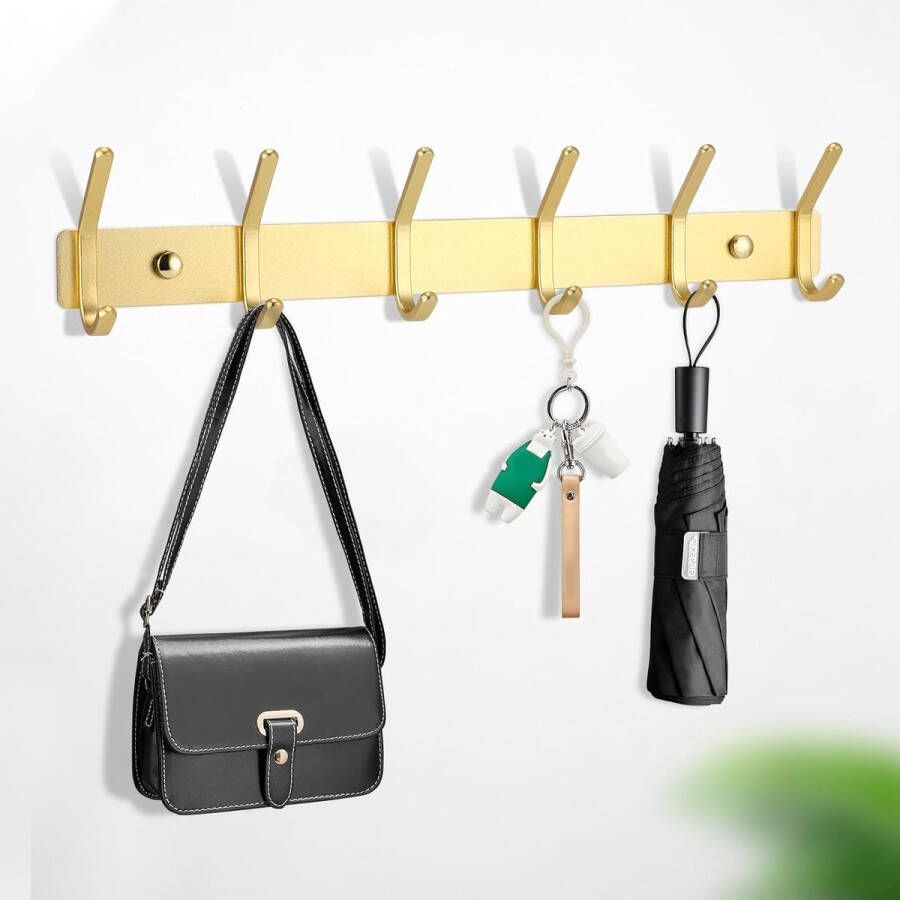 Kledinghaken voor aan de muur garderobehaken met 6 haken aluminium haaklijst voor slaapkamer badkamer keuken garderobe jashouder muur wandkapstok voor jassen tassen hoeden (goud)