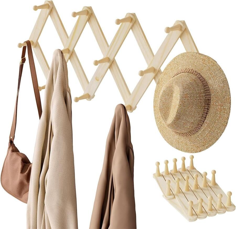 Kledinghaken wandhaken houten garderobehaken om op te hangen met 14 haken vintage kapstok uitschuifbare haak rail grenen kleur 30 x 12 cm