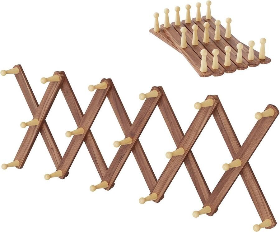 Kledinghaken wandhaken houten garderobehaken om op te hangen met 17 haken vintage garderobestand uittrekbaar haaklijst 30 (100) x 18 x 10 cm natuurlijke houtskool