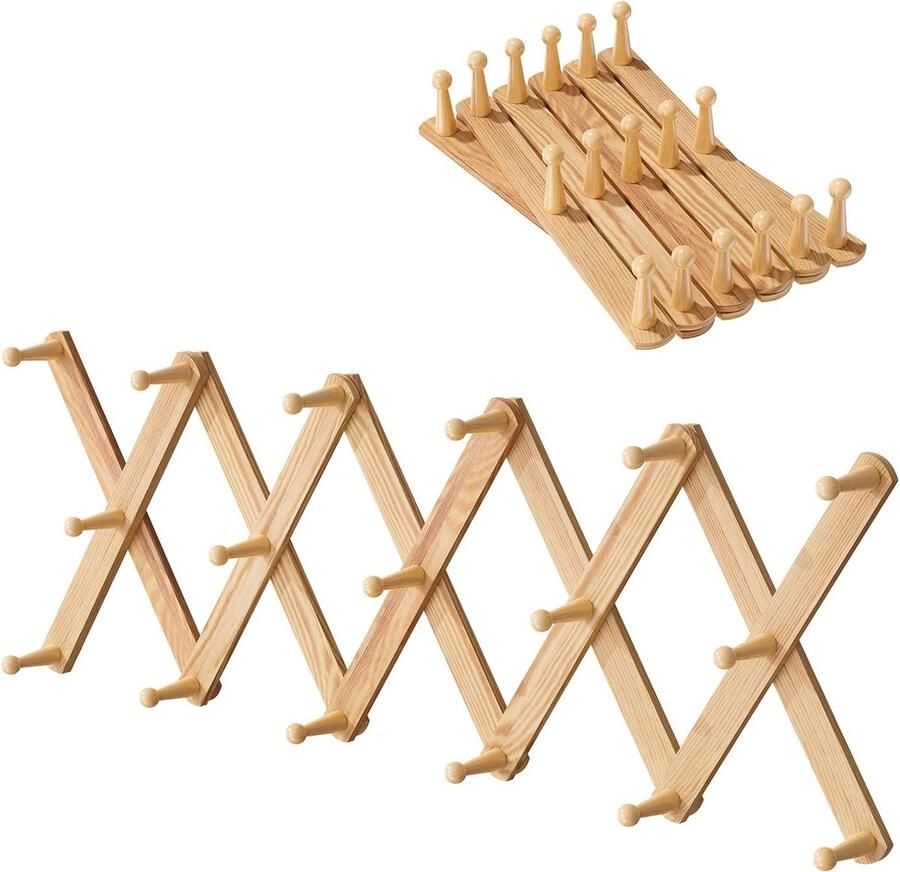 Kledinghaken wandhaken houten garderobehaken om op te hangen met 17 haken vintage kapstok uittrekbaar haaklijst originele houtkleur 30 x 18 cm