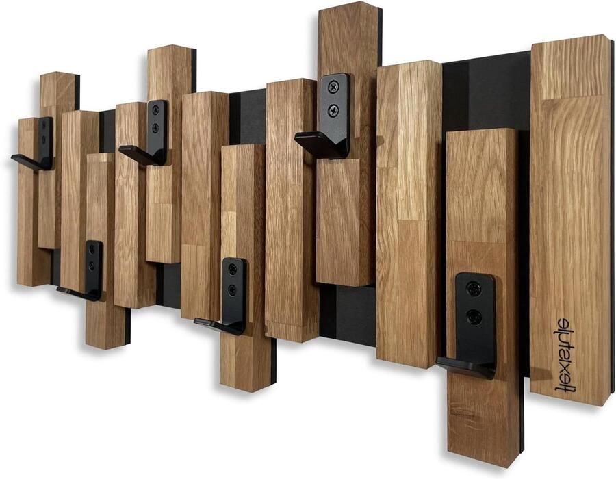 Kledinghaken wandkapstok van eikenhout met lamellen panelen zwart modern natuur 2 dimensies (60 cm)