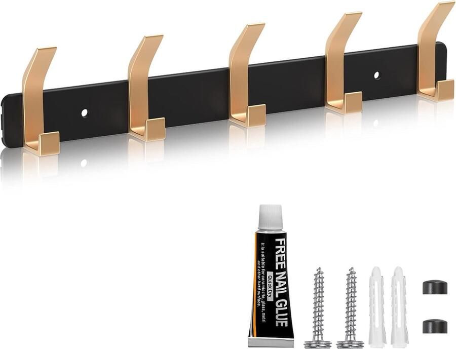 Kledinghaken wandkledinghaken voor wandmontage met 5 haken zelfklevende handdoekhaken garderobehaken voor woonkamer keuken badkamer enz. (zwart)