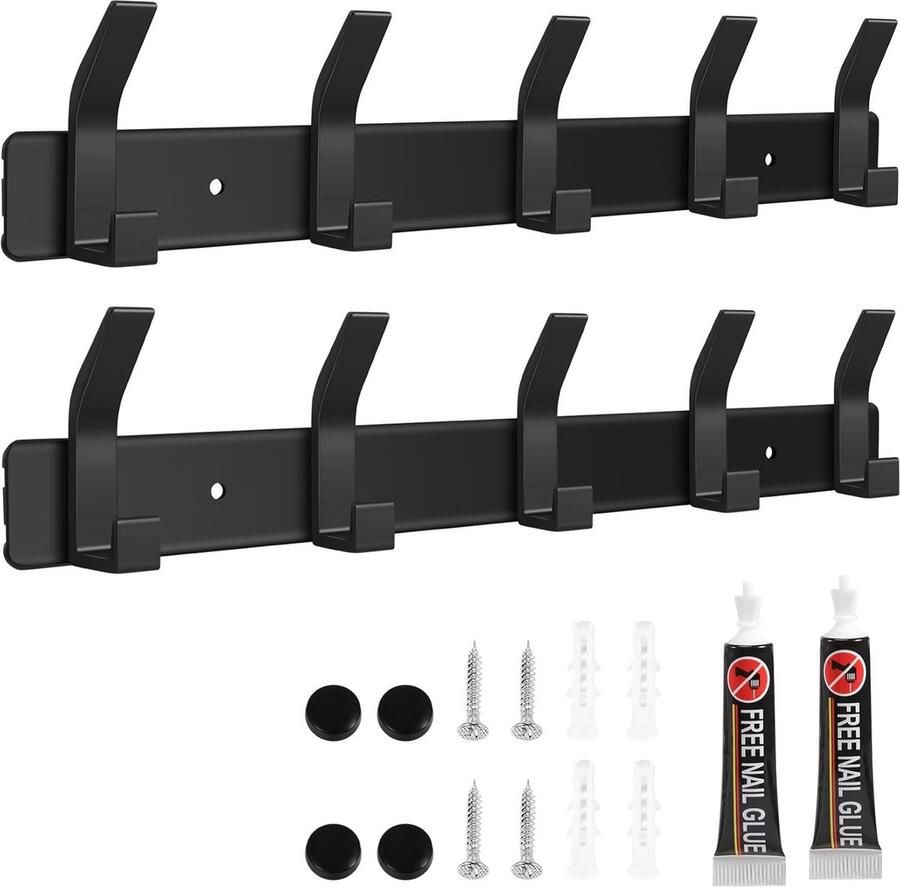 Kledinghaken zonder boren wandgarderobe van aluminium met 5 stuks voor deur slaapkamer badkamer keuken woonkamer en hal (2 stuks zwart)