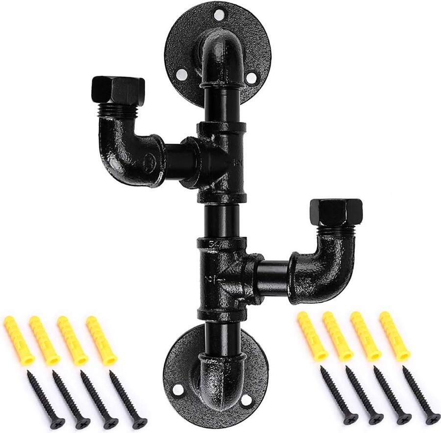 Kledinghakenstandaard van robuuste industriële buizen rustieke metalen handdoekhouder wandmontage vintage hoedhanger 2 haken voor thuis winkel kantoor gegalvaniseerd zwart oppervlak