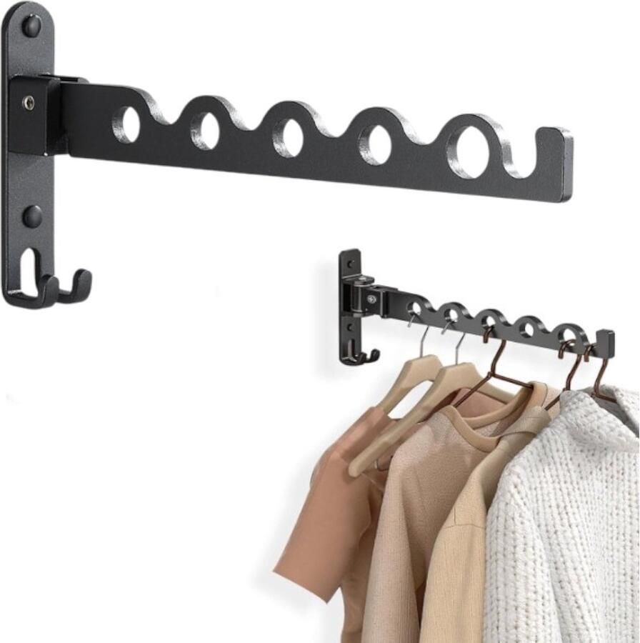 Kledinghanger ruimtebesparende telescopische kledingrek kledingopbergrek opvouwbare binnenmuurhanger met gaten (zwart)
