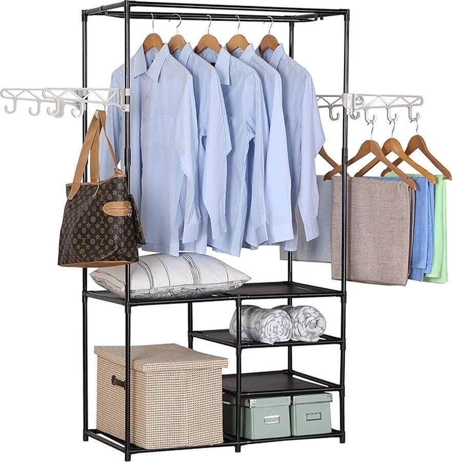 Kledingkapstok voor zwaar gebruik kledingrek met dubbele rail 6 etages planken voor schoenenrek 4 haken hangplank zwart