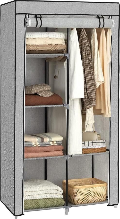 Kledingkast 1 kledingstang 6 niveaus vliesstof metalen frame 45 x 88 x 168 cm grijs met visgraatmotieven kledingkast - Foto 2