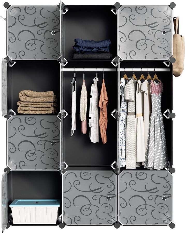 Kledingkast met 12 Opslagvakken 140x105x35cm Garderobekastsysteem Met Deuren Garderobekast Opbergkast Voor Kleding En Boeken Zwart en wit