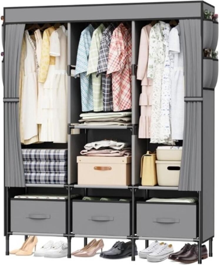 Retadou Kledingkast 130 x 45 x 175 cm stoffen kast stabiel met zijvakken opvouwbare kledingkast voor slaapkamer en kleedkamer grijs