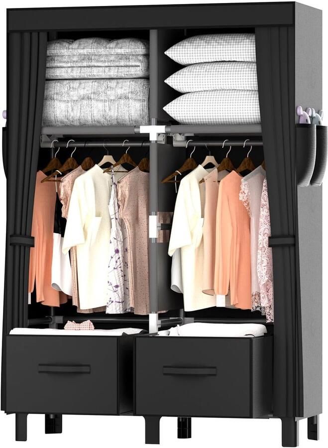 Retadou Kledingkast 16 mm spuitgelakte buizen stoffen kledingkast met opbergdoos zwarte hoge poten eenvoudig te monteren stoffen kast (zwart)