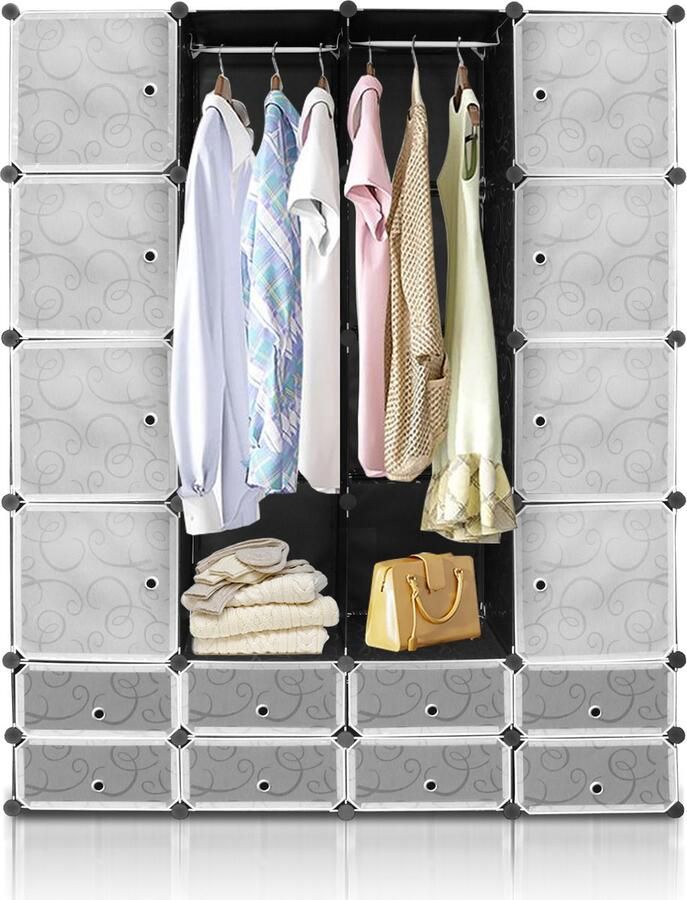 Kledingkast 16 Vakken Garderobekastsysteem Met Deuren Stellingkast Voor Slaapkamerzuil Modulaire Organizer 142x37x180cm Zwart en wit