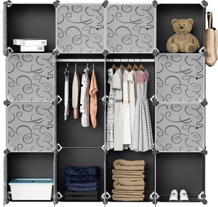 Kledingkast met 16 Opslagvakken 140x140x35cm Garderobekastsysteem Met Deuren Garderobekast Opbergkast Voor Kleding En Boeken Zwart en wit