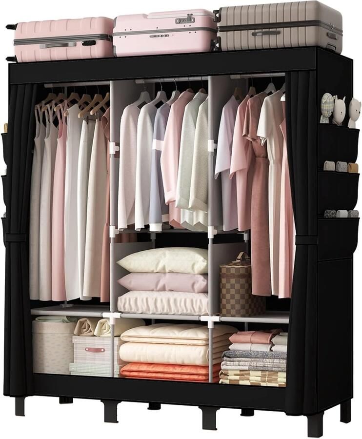 Retadou Kledingkast 172 x 130 x 45 cm voor slaapkamer nieuwe basic design-stoffen kast met 2 hangstangen en 18 zijvakken stoffen kledingkast voordelige vouwkast zwart