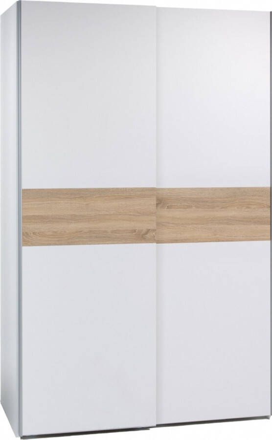Woonexpress Kledingkast Victor MDF Wit 125 x 195 x 58 cm (BxHxD) Schuifdeurkast Hang-legkast Wit Eiken Houtlook Met 2 Legplanken en 2 Roedes