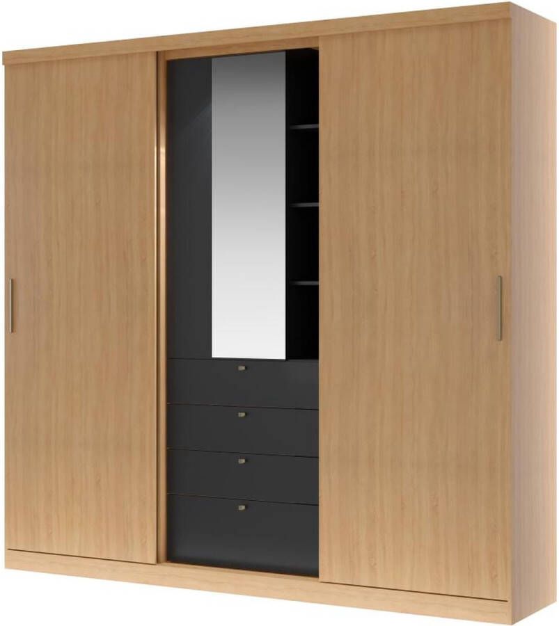 Kledingkast 2 schuifdeuren Met spiegel en laden L240cm Kleur : Naturel en zwart BODIL L 240 cm x H 231 cm x D 53 cm