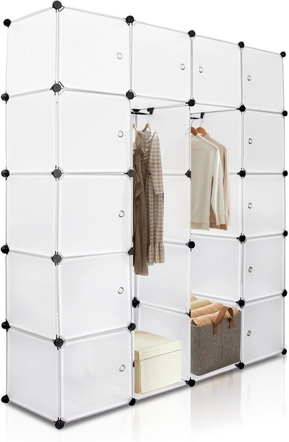 Kledingkast 20 Vakken Garderobekastsysteem Met Deuren Stellingkast Voor Slaapkamerzuil Modulaire Organizer 142x37x180cm Wit