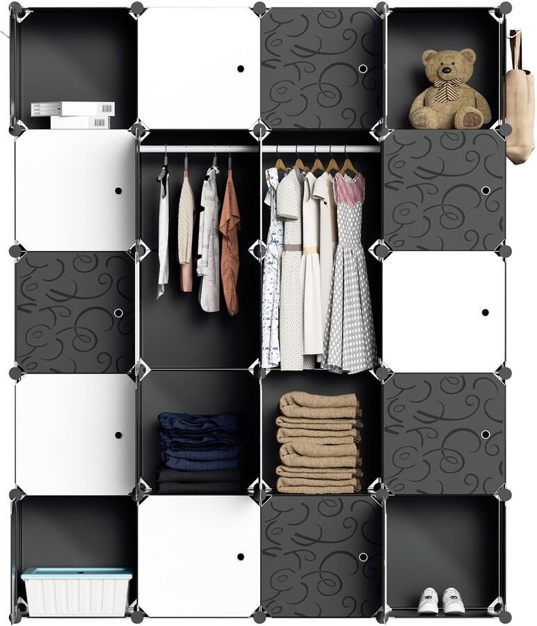 Kledingkast met 20 Opslagvakken 175x140x35cm Garderobekastsysteem Met Deuren Garderobekast Opbergkast Voor Kleding En Boeken Zwart en wit