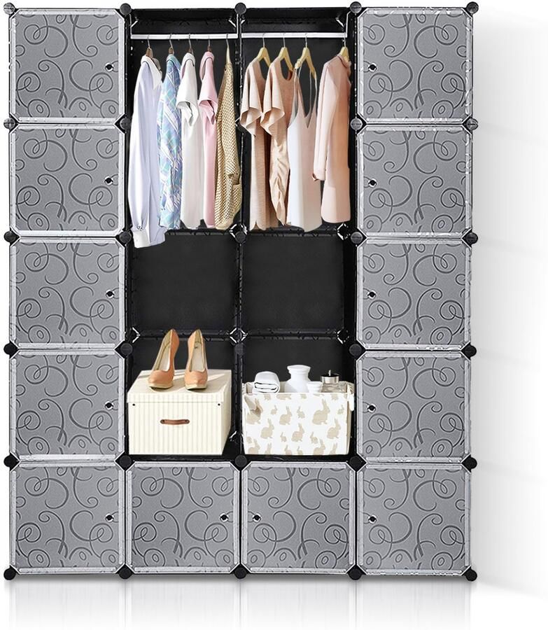 Kledingkast 20 Vakken Garderobekastsysteem Met Deuren Stellingkast Voor Slaapkamerzuil Modulaire Organizer 142x37x180cm Zwart en wit