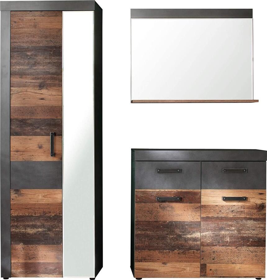 Kledingkast 3-delige complete set Kledingkast met veel opbergruimte Kast met spiegel Industrieel