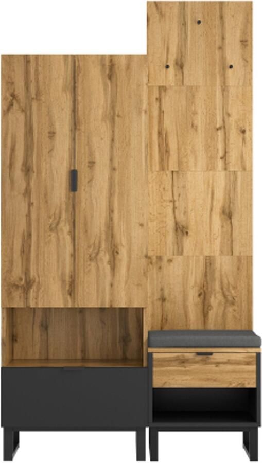 Kledingkast 65x38x180cm 50x38x210cm Kapstok Set Natuurkleur MDF Met Schoenbank En Kussen Hangsysteem Aan Voorzijde Lades En Verstelbare Planken Multifunctioneel Voor Hal