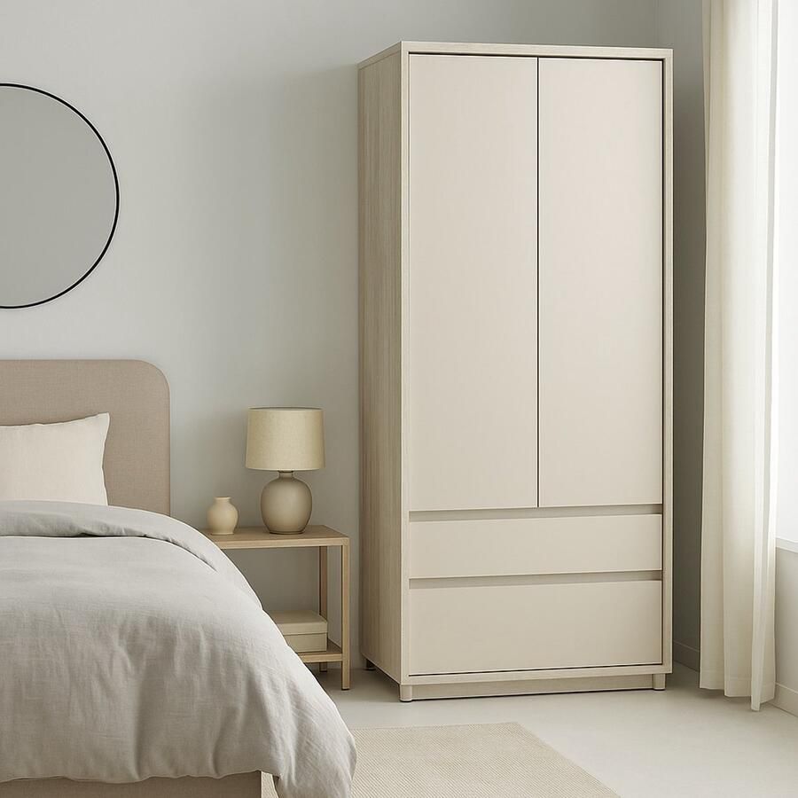 Kledingkast 80x193 2 deuren 2 lades travertijn beige – Travertijn Beige – Spaanplaat & ABS – Deuren met Scharnieren – Moderne Kast