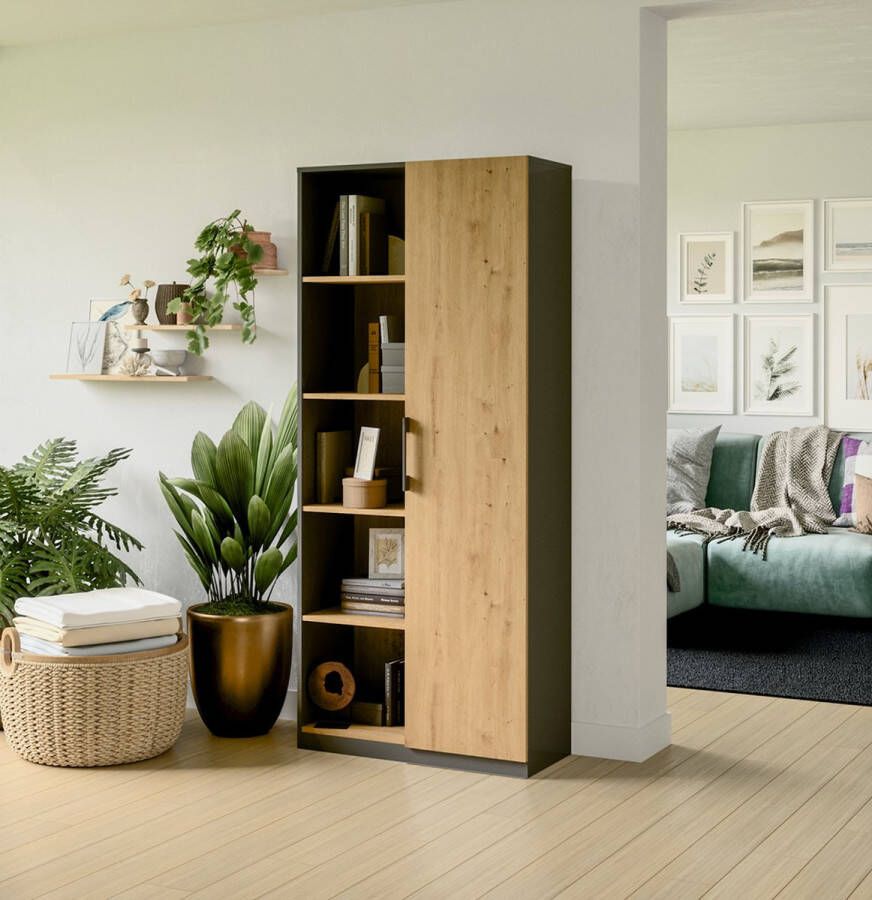 Kledingkast Antraciet Eiken 8 Legplanken -Vakkenkast-Boekenkast